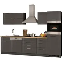 Held Möbel Küchenzeile Mailand 300 cm Grau Hochglanz-Grau Matt mit E-Geräten