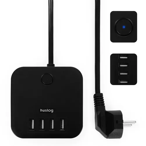 Produktbild Verlängerungskabel mit 3 Steckdosen + 4 USB Anschlüsse schwarz EMX-190224 Huslog