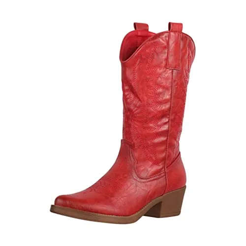 Elara Damen Cowboy Stiefel Biker Boots Chunkyrayan 301-A32P Rot-37 - Trendige Cowboy-Stiefel im auffälligen Design, ideal für vielseitige Looks. Bequeme Passform mit rutschfester Sohle und pflegeleichtem Obermaterial. Perfekt für Jeans, Kleider und mehr.