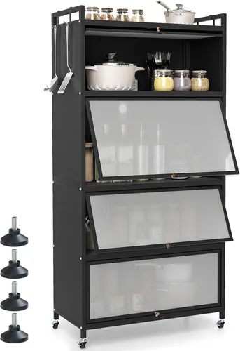 COSTWAY 5-stöckiger Küchenschrank mit Rollen - Eleganter Küchenschrank mit 4 Klapptüren und 4 Haken, ideal für die Aufbewahrung von Küchenutensilien. Flexibel mit Rollen oder verstellbaren Füßen für Stabilität. Robuster Rahmen mit Anti-Kipp-Kits für erhöhte Sicherheit.