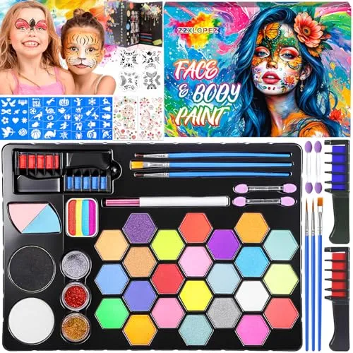 ZZXLOPEZ Kinderschminke Set, Gesichtsfarben Kinderschminken Set 26 Farben Schminkpalette, Halloween Schminke Set mit Schablonen und Pinseln, Edelsteinen, Kinderschminken für Party Halloween Karneval