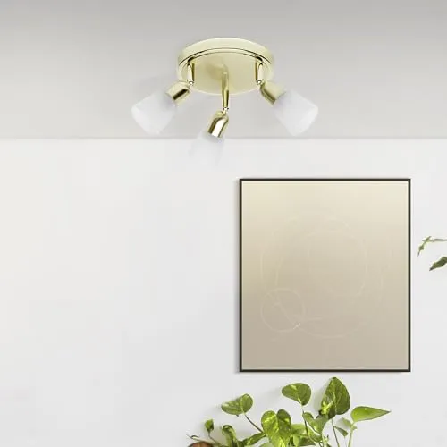 Lightbox Basic Spotrondell - 19 cm Breite - Ø 20 cm - Deckenstrahler mit Glas Schirmen & schwenkbaren Köpfen - 3 x E14, max. 40 W - aus Metall/Glas - in Messingfarben/Weiß-Alabaster