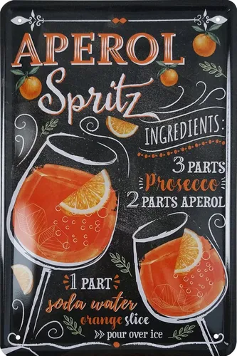 WOGEKA ART Metallbild Aperol Spritz - Cocktail Rezept - 20 x 30 cm Retro Blechschild Bar