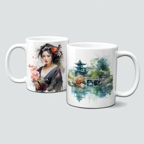 online-hut - Tasse - Kaffeebecher - Geisha - Pagode - Aquarell Design - Japan - Watercolor - Motivtasse - Geschenkidee - LT-1267