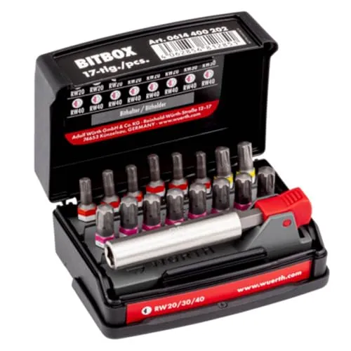 Würth Bitbox RW 17 Teile Set - Werkzeug-Sets mit 16 RW Bits und Bithalter, ideal für ASSY Schrauben. Der bewegliche Bitriegel ermöglicht einfachen Zugriff und ein Farbleitsystem sorgt für schnelle Bit-Auswahl.