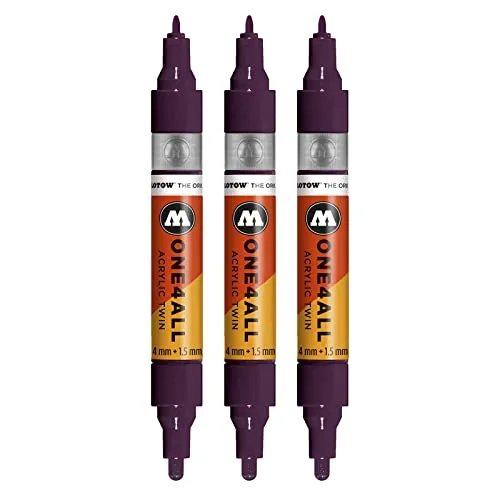 Molotow One4All Acrylic Twin Marker (Strichstärke 1.5 mm und 4 mm, hochdeckend und permanent) 3 Stück Farbe 233 purpur violett
