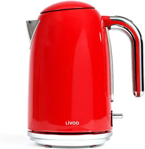 Livoo DOD180R Edelstahl-Wasserkocher - Kabellos in Rot, 2200 Watt - Wasserkocher, 1.7L Kapazität, kabellos für flexibles Kochen und modernes Design in Rot.