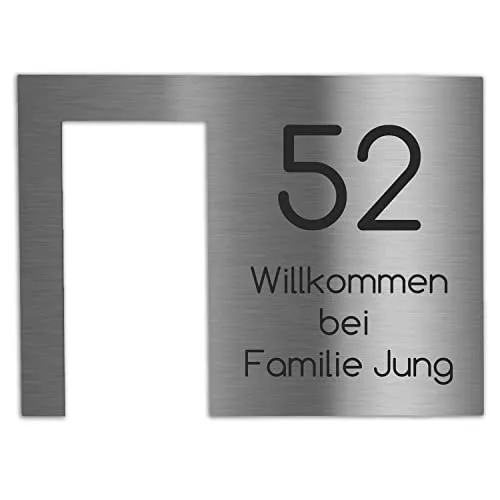 Jung Edelstahl Design Modernes V2A Edelstahl Türschild optimiert für Ring Akku-türklingel Klingelschild 20x14,5 cm Haustürschild mit Hausnummer und Namen individuell personalisierbar