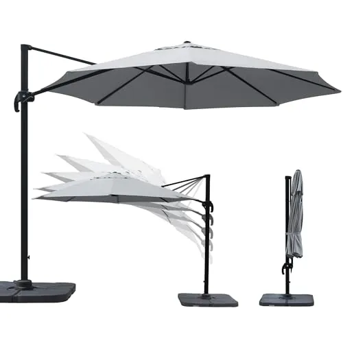 paramondo parapenda Sonnenschirm Ampelschirm aus 230 g/㎡ Polyesterfaser, Rund, Ø 3,5 m, 360° Schwenkbar, Kurbelbedienung, Grau, Stahl-Standkreuz und Gestell in Anthrazit, 20.6kg