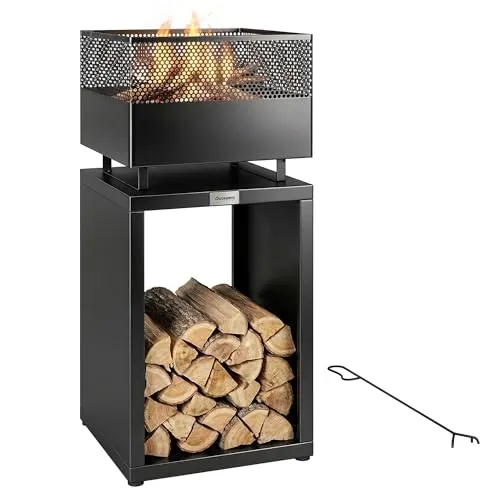 Outsunny Feuerschale 39 x 39 x 87 cm – Turm-Feuerstelle mit Holzlager - Stylische Feuerstelle im modernen Turmdesign für Garten und Terrasse. Mit integriertem Holzlager und stabiler Struktur sorgt sie für gemütliche Abende im Freien. Ideal für Holz- oder Kohlenutzung.