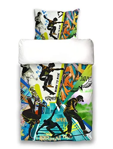 beties Jugendbettwäsche Graffiti, 100% Baumwolle, 2-teilig - Bettwäsche-Sets im coolen Graffiti-Design für Skateboard-Fans, mit Wendefunktion und urbanem Look, ideal für ein modernes Jugendzimmer.