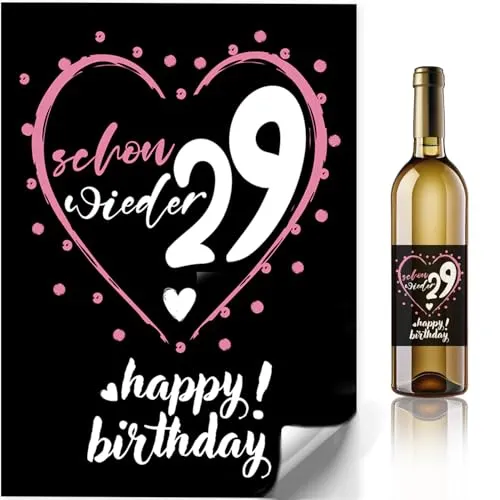 Produktbild Schon wieder 29 Flaschenetiketten Geburtstag 2 Stück – Witzige selbstklebende Aufkleber für Wein Sekt Bier – originelle Geschenkidee Frau – lustige Deko – Herz Design – ideale Geburtstagsüberraschung
