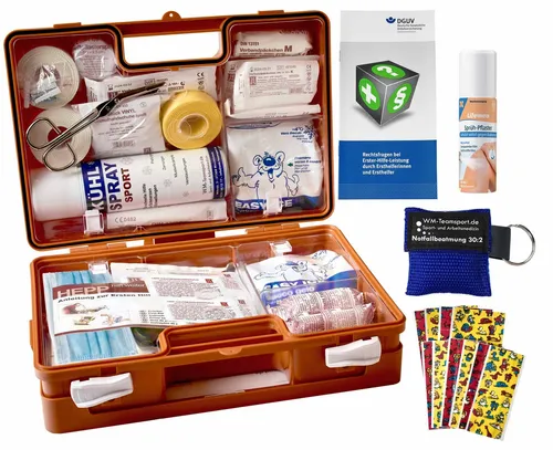 WM-Teamsport Erste-Hilfe-Koffer Sport-Sanitätskoffer PLUS 2 - Erste-Hilfe-Koffer nach DIN 13157, ideal für Sport und Betriebe. Robuster Koffer mit verstärkten Ecken, inkl. Sprühpflaster und Notfallbeatmungshilfe für umfassende Sicherheit.