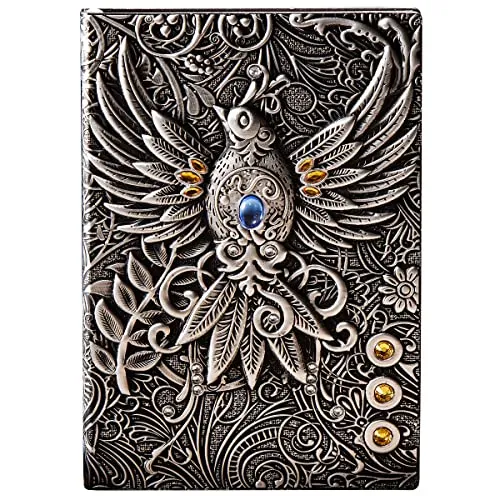 YHH Leder Tagebuch A5 Liniert, Vintage Notizbuch Liniert Hardcover Reisetagebuch zum selberschreiben Lined Journal Notebook GeburtstagGeschenk für Erwachsene Kinder Männer Frauen, 3D Phönix Silber