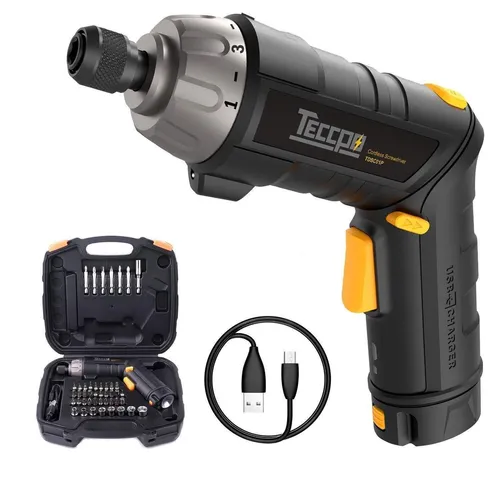 Akku-Schrauber 6 Nm – Elektrischer Schraubendreher mit 45-teiligem Set, 2000 mAh Akku, 9+1 Drehmomentstufen, LED-Licht, 2 Positionen