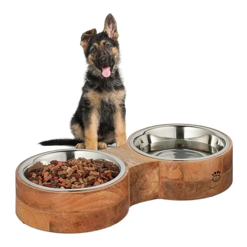 Hundenapfbar Hundenapfstation - Futterstation für Hunde mit 2 Näpfen aus Holz, ideal für eine ordentliche Fütterung, Breite 48 cm und Höhe 8 cm.