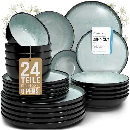 Steingut Geschirrset 6 Pers. Ibiza 24-tlg - Mediterranes Flair für Dein Zuhause - Tafelservice für 6 Personen, aus hochwertigem Steingut, kratzfest und spülmaschinengeeignet – ideal für jeden Anlass und bringt Ibiza-Vibes in Deine Küche!