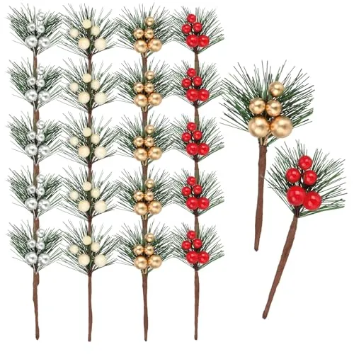 com-four® 20x Dekozweig für Weihnachtsgestecke - Weihnachtsdekoration für Adventskränze - glänzende Winterdekoration - Kunststoffzweige (20x Zweig Beeren)
