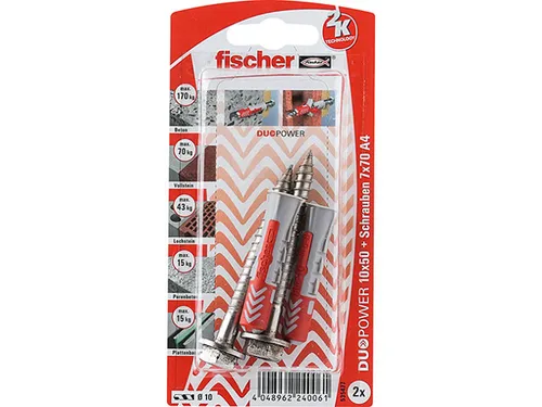 Fischer DUOPOWER 10x50 S A4 K (2) - Professionelle Dübel für starke Befestigungen, ideal für Bauprojekte und Renovierungen