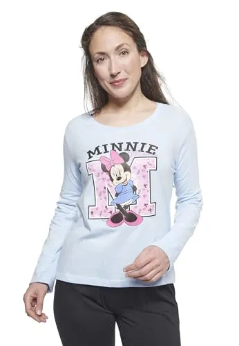 Disney Minnie Mouse Schlafanzug für Damen - Pyjama Set Langarm Oberteil mit Hose Blau/Schwarz (DE/NL/SE/PL, Alphanumerisch, M, Regular, Regular, Blau/Schwarz)