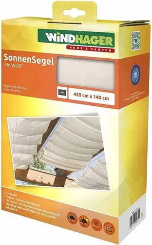 Windhager Sonnensegel 420 x 140 cm, Uni-Weiß - Sonnenschutz für Innen und Außen, der blendendes Licht abwehrt ohne abzudunkeln. Hochwertiger, wasserabweisender Stoff mit UV-Schutz, flexibel montierbar.