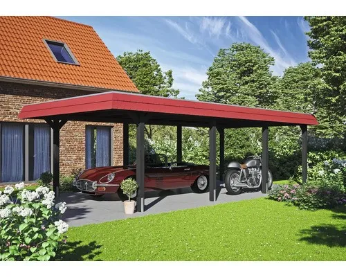 Einzelcarport SKAN HOLZ Wendland mit roter Blende - Robuster Einzelcarport mit Flachdach und Pfostenankern. Ideal für den Schutz Ihres Fahrzeugs. Hochwertige Verarbeitung für eine lange Lebensdauer.