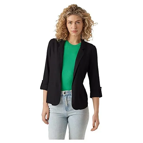 Vero Moda Jackenblazer VMJESMILO 3/4 LOOSE BLAZER WVN GA N schwarz XS - Eleganter Business-Jackenblazer aus 55% LENZING™ ECOVERO™ Viskose und 45% Leinen, ideal für stilvolle Auftritte im Büro.