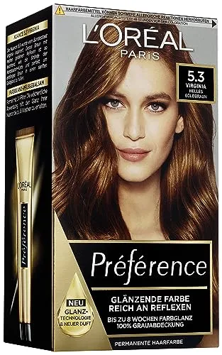 Produktbild L'Oréal Paris Permanente Haarfarbe, Haarfärbeset mit Coloration und Farbglanz-Pflegebalsam, Préférence, 5.3 Helles Goldbraun (Virginia)
