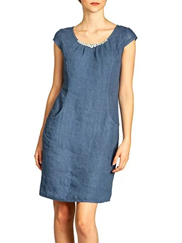 Caspar SKL018 knielanges Damen Sommer Leinenkleid mit Perlmutt Knöpfe Dekor, Farbe:Jeans blau, Größe:L - DE40 UK12 IT44 ES42 US10