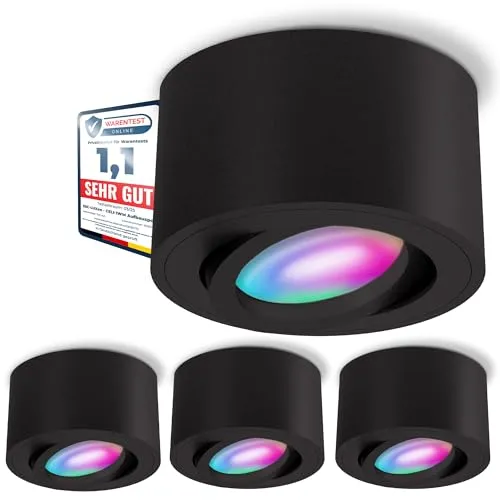 SSC-LUXon CELI-1BM 4er Set Aufbauspot - Smart RGB LED Lampe mit WLAN - Deckenspot mit schwenkbarem Design, steuern Sie das Licht per Smartphone oder Sprachbefehl – kompatibel mit Alexa, Siri & Google für stimmungsvolle Atmosphären!