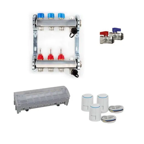 Premium Heizkreisverteiler Komplett Set 3 mit Stellantrieb - Fußbodenheizungen, energieeffizient und ideal für die präzise Regelung Ihrer Heizungsanlage