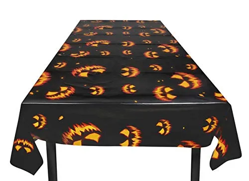 Boland 72309 - Tischdecke Gruseliger Kürbis, Größe 120 x 180 cm, Schwarz-Orange, Kunststoff, Tischdekoration, Geburtstag, Party, Halloween
