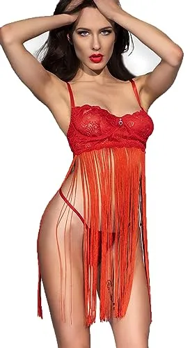 Frauen Dessous BH Negligee Fransen Minikleid Babydoll in rot mit String Träger und floraler Spitze Rückenfrei Riemchen ausgestellt elastisch Größe: S/M