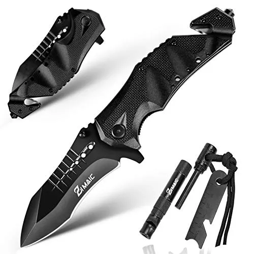 ZIMAIC Klappmesser Einhandmesser, Outdoor Messer EDC Messer- 5-in-1 Outdoor Taschenmesser mit Feuerstein，Glasbrecher & Gurtschneider für Camping & Survival