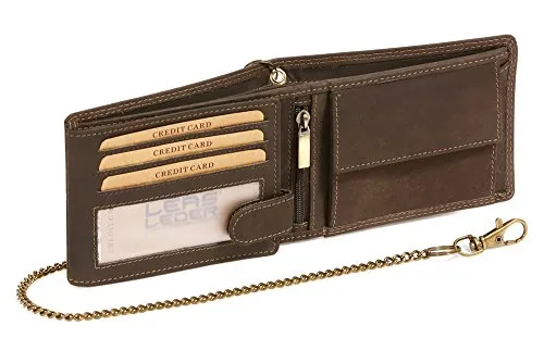 LEAS Bikerbörse im Querformat mit Messing-Kette MCL im Vintage-Stil aus Echt-Leder, Braun, Herren, Chain-Series