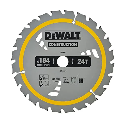 Dewalt Bau-Kreissägeblatt Construction für Akku-Handkreissäge DT1951 (184/20mm 24WZ, 18° Zahnwinkel, 1,5mm Schnittbreite, universell einsetzbar, mit Nail Tough zum Sägen von Holz mit Nägeln)