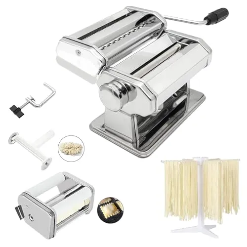 MZTOGR Pasta Maker Maschine – Manuelle Nudelmaschine mit 9 Dickeneinstellungen - Nudelmaschinen: Hochwertige manuelle Maschine aus rostfreiem Stahl mit 9 einstellbaren Dickeneinstellungen für kreative Pasta-Variationen und inklusive Ravioli Maker Aufsatz.