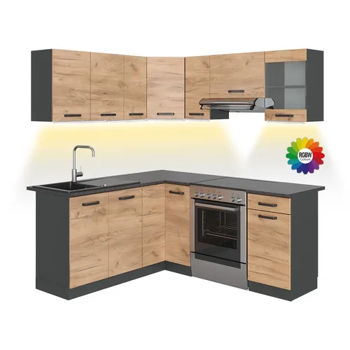 Vicco Winkelküche Rick, Anthrazit/Goldkraft Eiche, 187 x 167 cm - Küchenzeilen mit flexibler L-Form, viel Stauraum und höhenverstellbaren Füßen – die ideale Lösung für kleine Küchen, inklusive LED-Beleuchtung für modernes Ambiente.