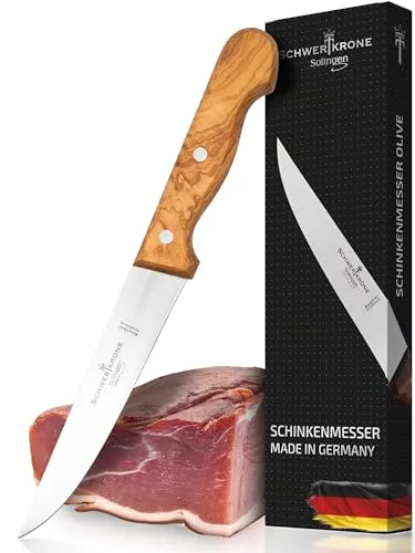 Schwertkrone Premium Schinkenmesser mit Olivenholzgriff - 15 cm Klinge - Schinkenmesser aus Solingen mit einzigartigem Olivenholzgriff, ideal für präzises Schneiden von Schinken und Fleisch. Hochwertiger Edelstahl sorgt für langanhaltende Schärfe und einfache Pflege.