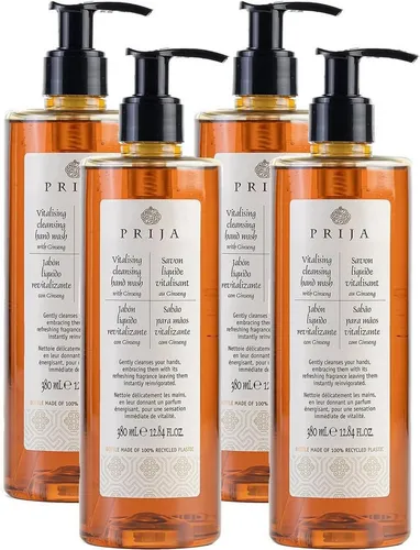 PRIJA Flüssigseife mit Ginseng 380ml - Vitalisierende Hotelseife, 4-tlg. - Entdecken Sie die PRIJA Flüssigseife mit Ginseng, ideal für den täglichen Gebrauch. Die 4-tlg. Set sorgt für ein erfrischendes Reinigungserlebnis und ist perfekt für Hotels oder Zuhause.