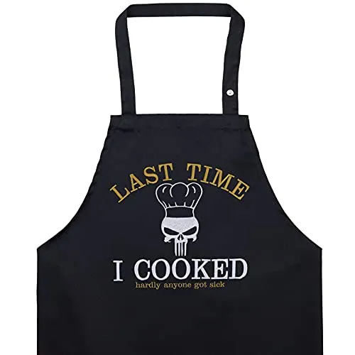 EXPRESS-STICKEREI Schürze lustig mit Spruch Last Time I COOKED hardly anyone got sick Kochschürze für Damen/Männer verstellbar - Grillschürze für Grillmeister Küchen-Schürze Herren Grillfans