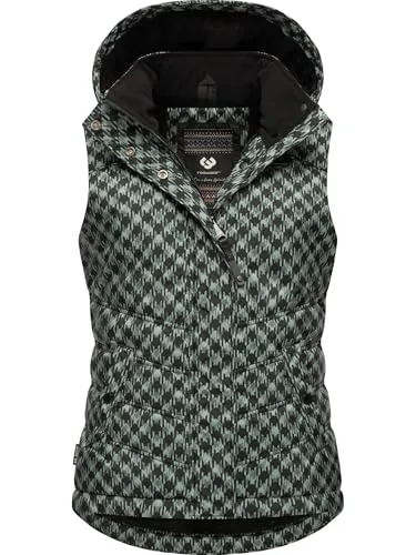 Ragwear Damen ärmellose Outdoorweste Hesty Print - Funktionsjacken: Wasserdichte und atmungsaktive Winterjacke mit abnehmbarer Kapuze und modischem Hahnentritt-Muster – ideal für kalte Tage und vielseitig kombinierbar.