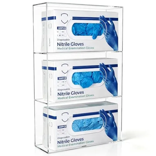 KOEMEHR Wandhalter für Einmalhandschuhe (für 3 Boxen), 3-Fach Acryl Handschuhhalter Handschuhspender - Handschuhbox Halterung für Vinyl, Latex, Nitril Einweghandschuhe, Transparent