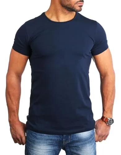 Young & Rich Herren Uni Basic T-Shirt mit Rundhals Ausschnitt einfarbig Stretch körperbetonte Dehnbare Passform 1701, Grösse:XL, Farbe:Dunkelblau