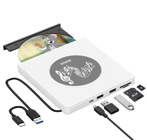 BUNUD Externes DVD Laufwerk, CD Laufwerk Extern USB 3.0 CD DVD +/- RW Brenner Player mit 2 USB SD/TF Ports, USB C Externes CD Laufwerk für Apple, Laptop, Windows 11, MacBook, Mac