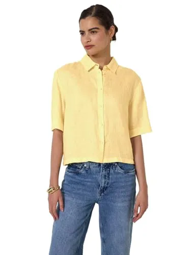Street One Studio Damen F345412 Leinen-Hemdbluse - Blend Yellow, Größe 46 - Blusen & Tuniken für Damen, leichte Leinenqualität für optimalen Tragekomfort an warmen Tagen.