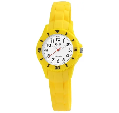 Q&Q Kinder-Uhr Lernuhr Analog Quarz V26A-00XVY (gelb) - Armbanduhren für Jungen, ideal zum Lernen der Uhrzeit mit wasserdichtem Design bis 10 Bar und bequemer Silikon-Dornschließe.