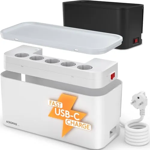 ACROPAQ Kabelbox mit Steckdosenleiste Weiß