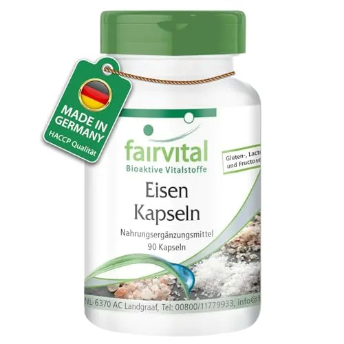 Fairvital | Eisen Kapseln - 90 Kapseln - mit Vitamin C, Biotin und Vitamin B-12 - Hochdosiert - VEGAN