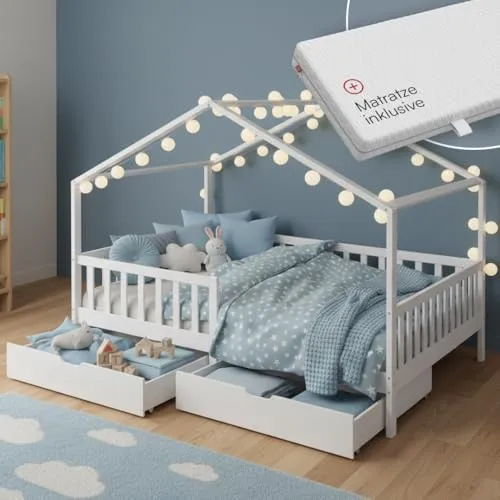 Bellabino Bia Kinderbett 140x200 cm – Hausbett mit Matratze & Rausfallschutz - Fördert Selbstständigkeit im Kinderalltag mit sicherem Ein- und Ausstieg. Das stabile Bett aus Kiefernholz bietet großzügige Liegefläche und praktischen Stauraum mit 2 Schubladen.